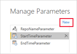 Screenshot that shows New to create another parameter.