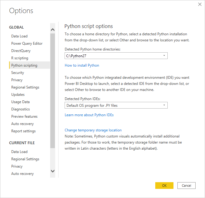 Screenshot of the Options dialog, showing Visual Studio Code entered in the Detected Python IDE field.