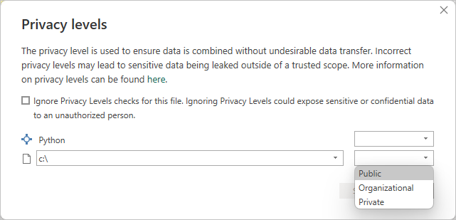 Screenshot of the Privacy levels dialog, showing that Public is set.