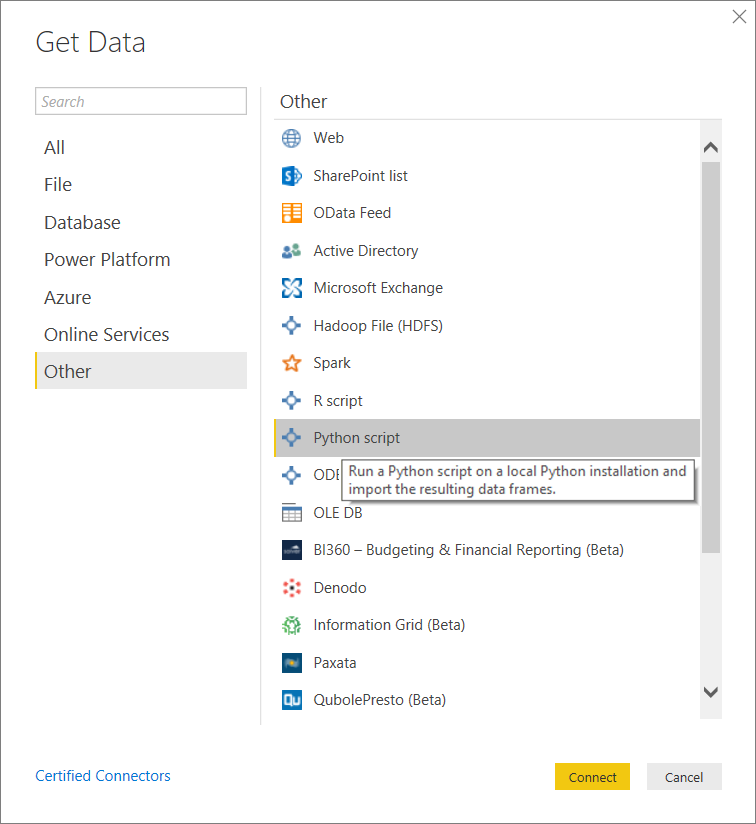 Screenshot that shows Get Data with Python script selected.