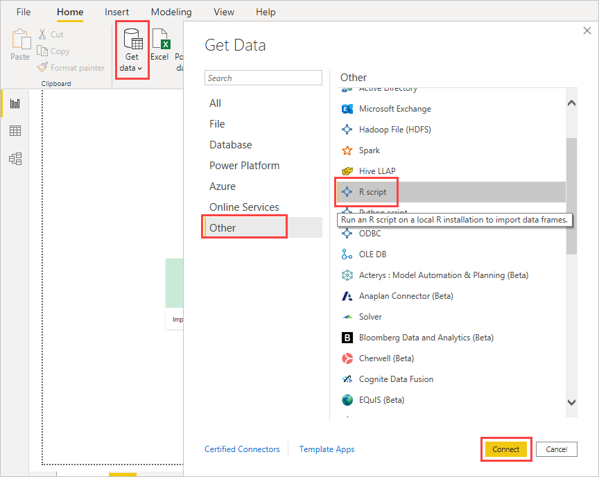 Screenshot shows the Get Data dialog with Other and R script selected and the Connect button highlighted.