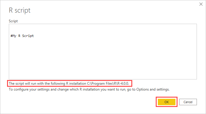 Screenshot shows the R script dialog in Power BI Desktop with R installation information highlighted.