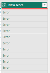 Screenshot of Power Query Editor and the New score column containing Error values.