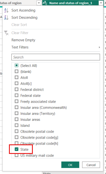 Screenshot of Power Query Editor showing a column filter with only the State value selected.