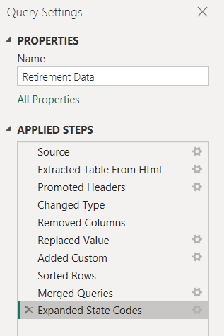 Screenshot of Power Query Editor with the Query Settings pane and Applied steps list.