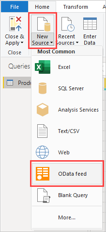 Screenshot that highlights the OData Feed option.