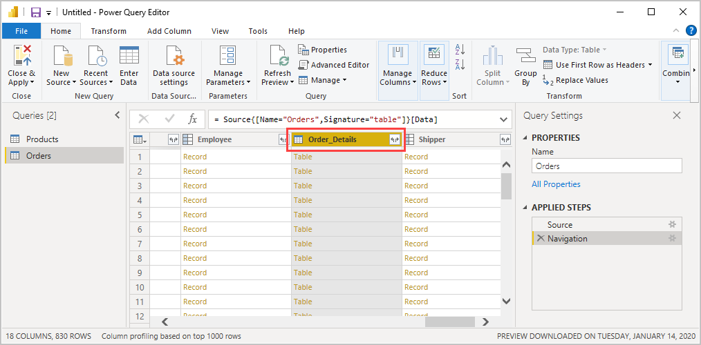 Screenshot that highlights the Order_Details column.