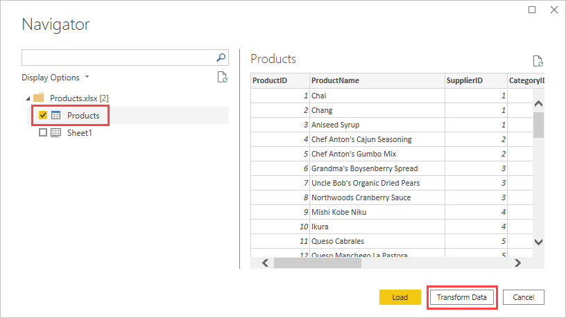 Screenshot that shows the Navigator screen with the Products table highlighted.