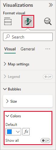 Screenshot shows the Format icon selected with the Bubbles option open and Colors highlighted.