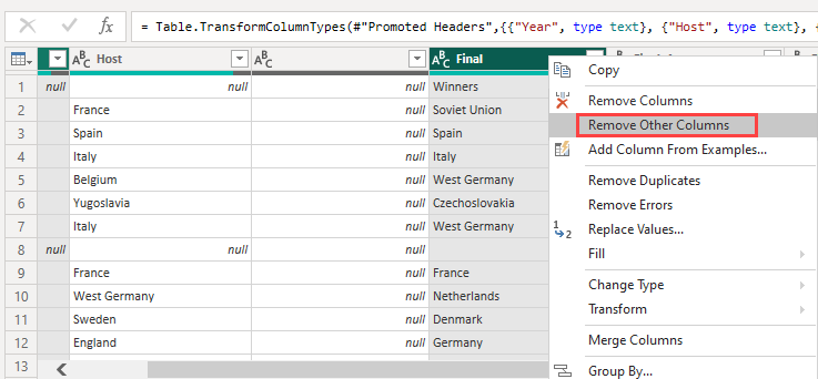 Screenshot shows columns highlighted with Remove Other Columns selected in the context menu.