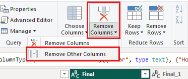 Screenshot shows columns highlighted with Remove Other Columns selected in the ribbon.