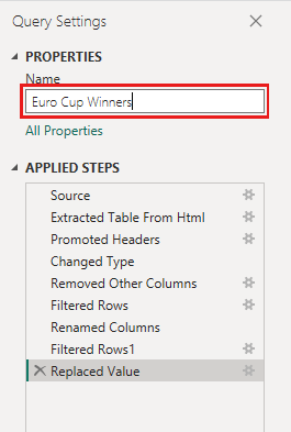 Screenshot shows Query Settings with the name Euro Cup Winners entered.