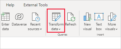 Screenshot shows the Transform data option of the Home ribbon where you can edit queries.