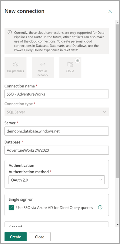 Screenshot of new connection settings.