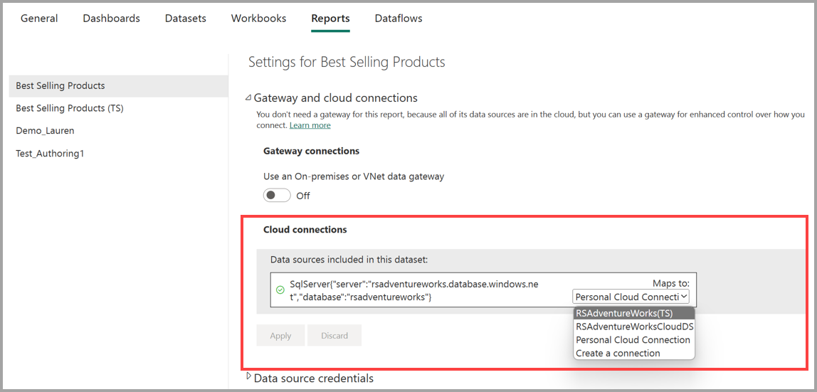 Screenshot of mapping a data connection for paginated reports.