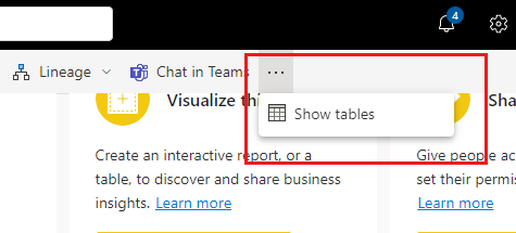 Screenshot of Show tables option on Semantic model details page.