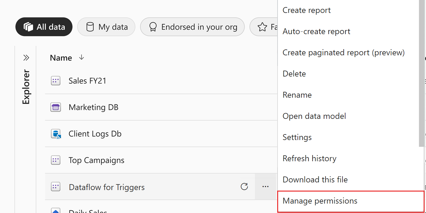 Screenshot of menu command to open the semantic model manage permissions page from the list of items in a workspace or the OneLake data hub.