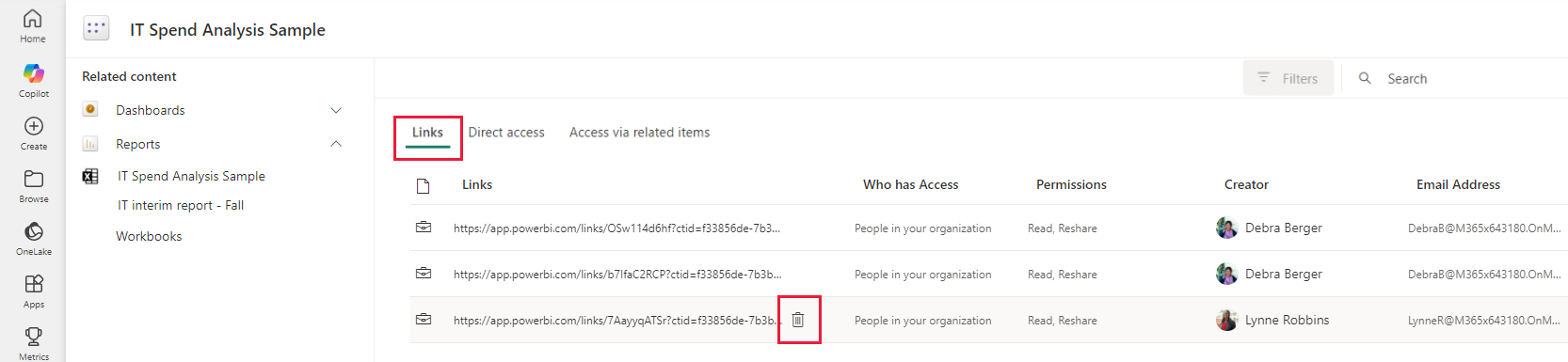 Screenshot of shared report links tab on the semantic model manage permissions page.