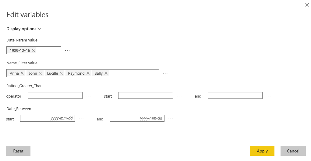 Screenshot that shows the Edit variables dialog in the Power BI service.