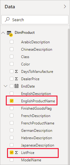 Screenshot of the Data pane with the EnglishProductName and ListPrice fields highlighted.