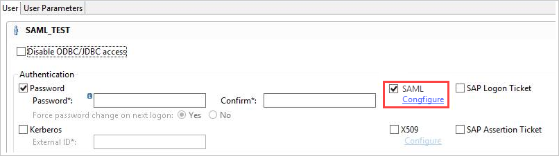 Screenshot of the "User Parameters" pane for selecting the SAML checkbox and the Configure link.