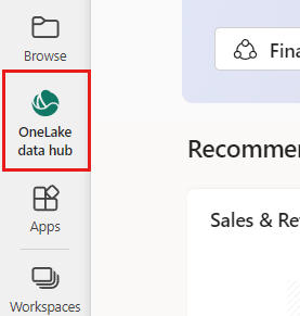 Screenshot that shows the OneLake data hub in the navigation pane.