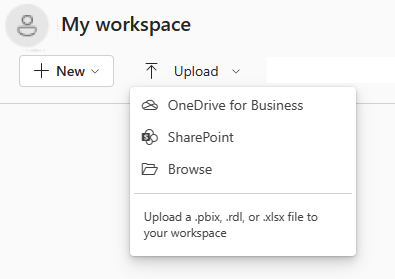 Screenshot that shows the options in the Upload menu in My Workspace.