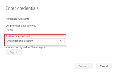 Screenshot shows the Enter credentials dialog box where you can specify Organizational account.