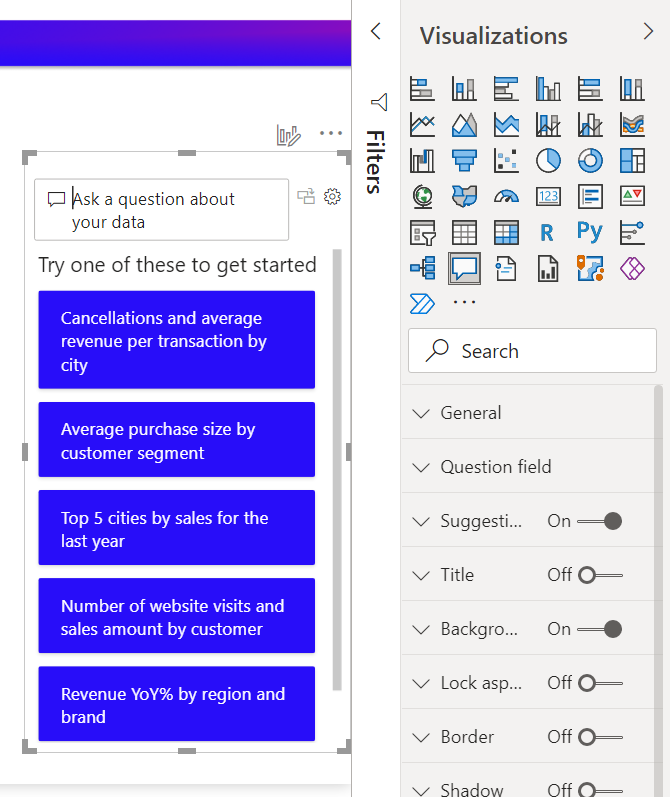 Screenshot of a Visualization pane with the Q&A visual selected and a list of suggested questions.