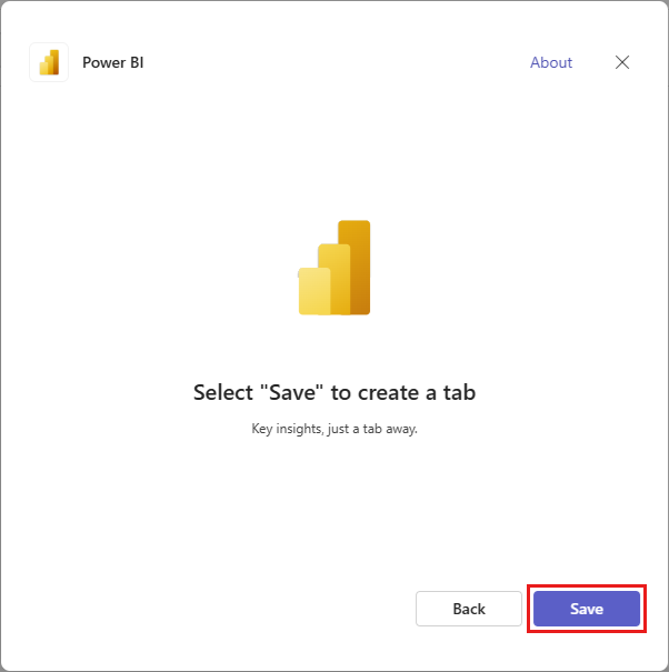 Screenshot of the dialog to save and add the new Power B I tab.