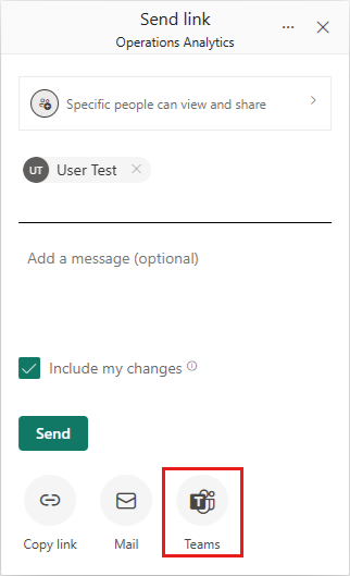 Screenshot of the Send link dialog with the Teams icon highlighted.