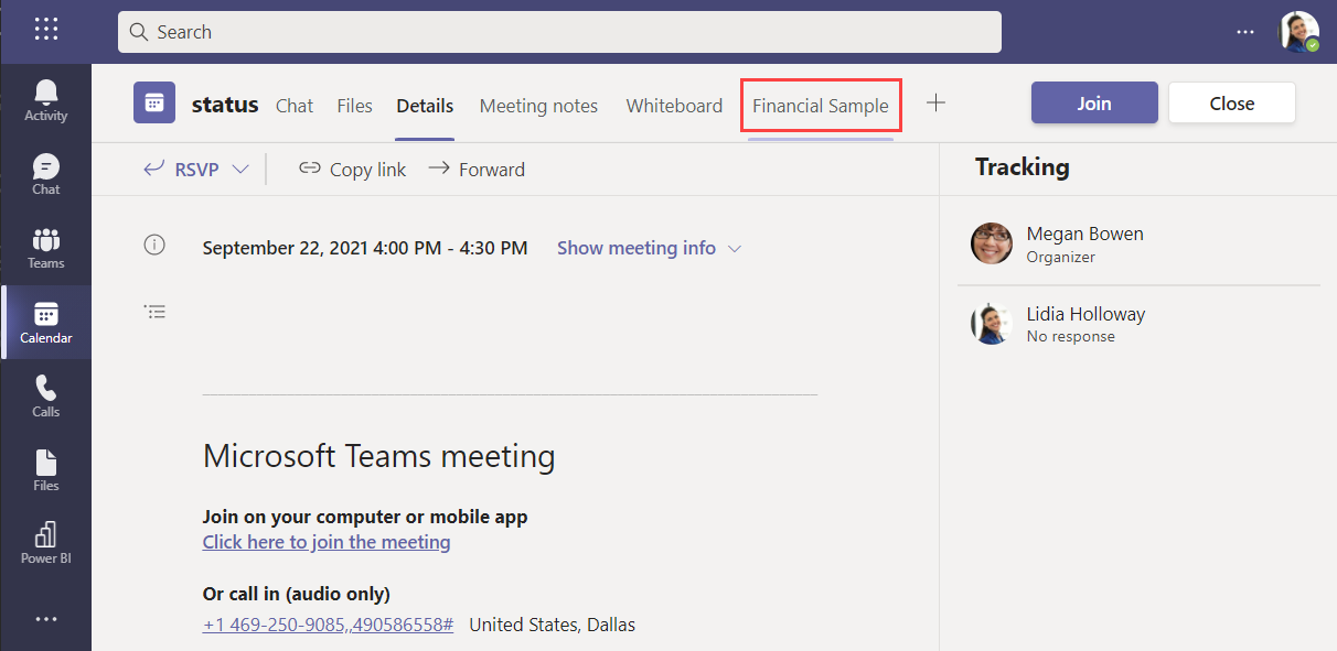 Screenshot of an open meeting invite, and Power BI report tab highlighted.