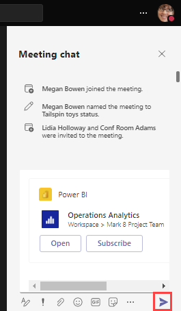 Screenshot of the chat pane in Teams with the send message icon highlighted.