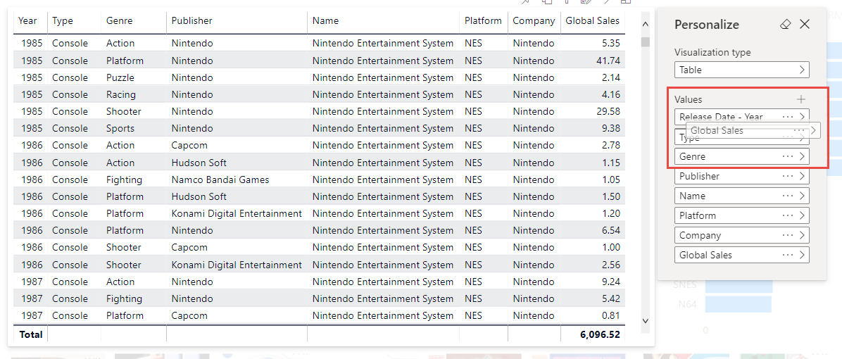 Screenshot of a table with a set of values in the Personalize pane highlighted.