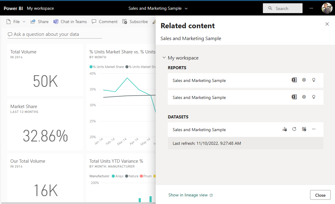 Screenshot that shows the Related content pane in the Power BI service.