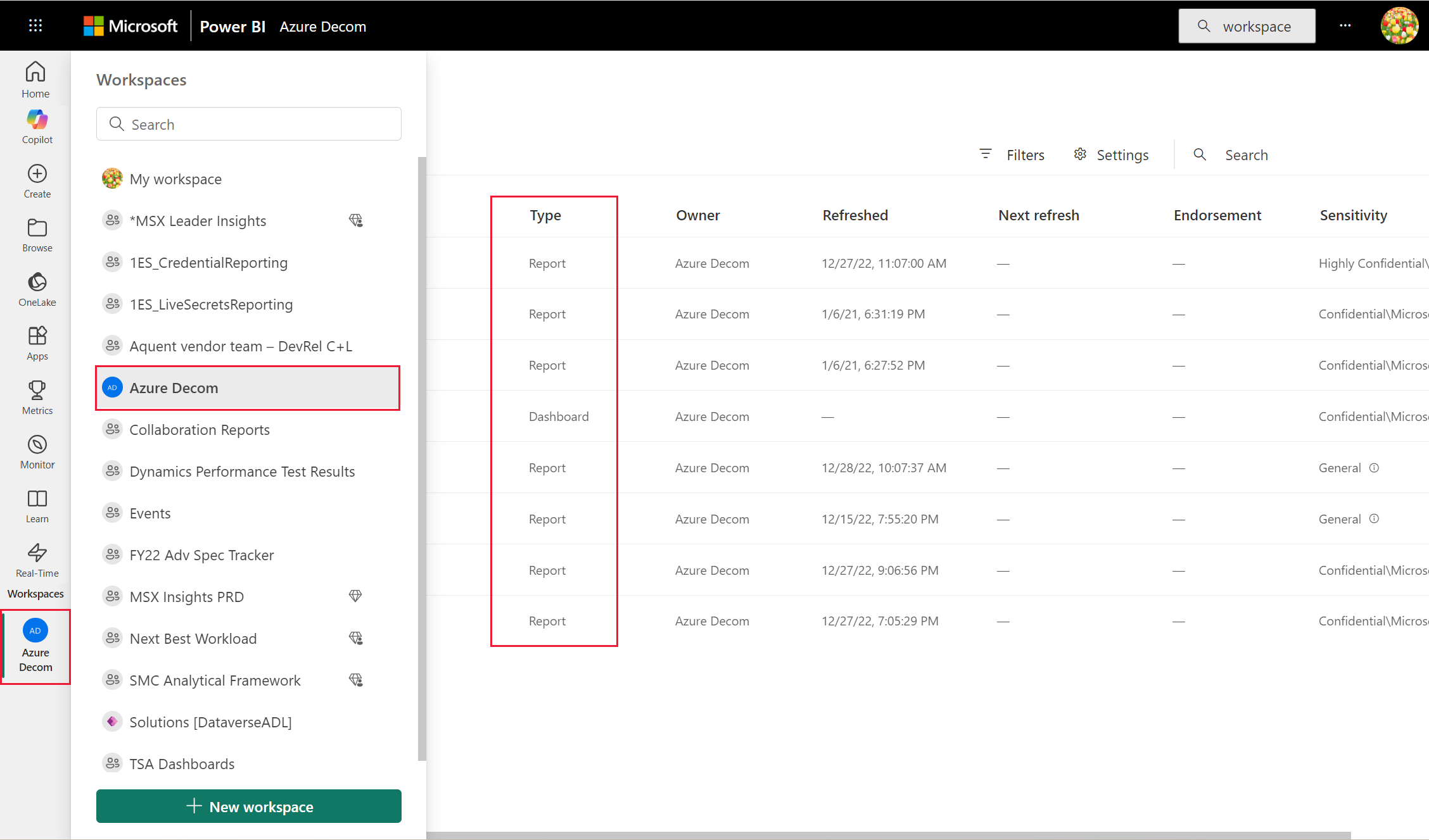 Screenshot shows how a workspace appears under the Workspaces menu item and contains reports and a dashboard.