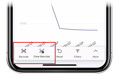 Screenshot showing active barcode icon in the report's action bar, indicating that the barcode filter is active.