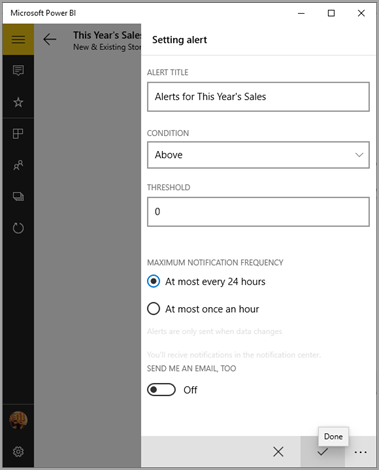 Screenshot of the alert settings, showing the entries to edit the alert.