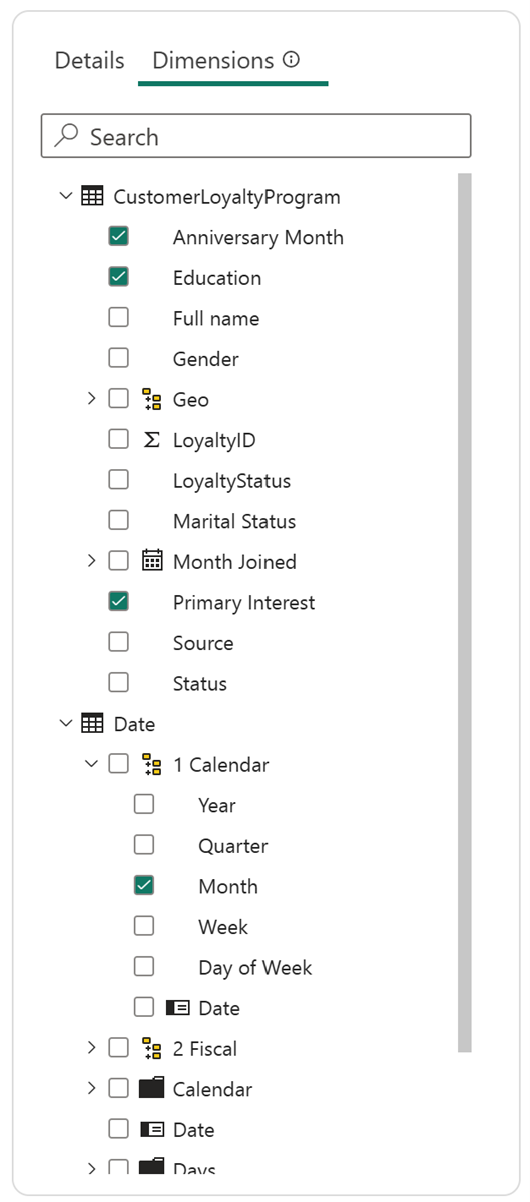 Screenshot showing anniversary month, education, primary interest, and month selected as dimensions.