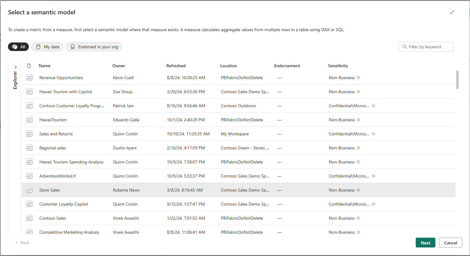 Screenshot showing a semantic model selected.