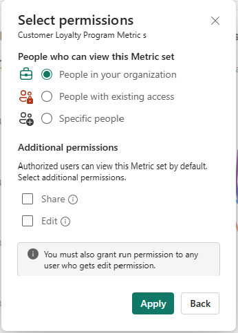 Screenshot showing the select permissions pane open, with people in your organization selected to view the metric set when the user shares.