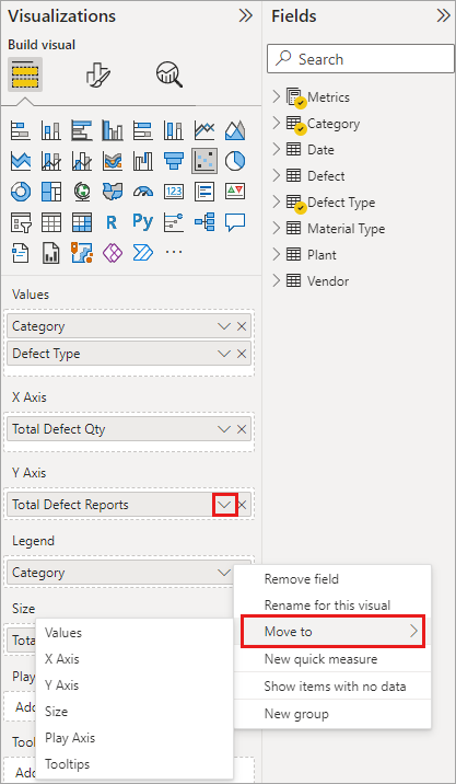 Screenshot of the Vizualizations and Fields panes, highlighting the options to move fields.