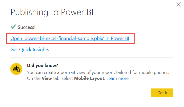 Screenshot of opening your report in the Power BI service.