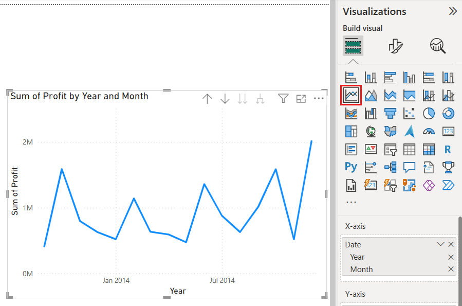 Screenshot of changing column to line chart.