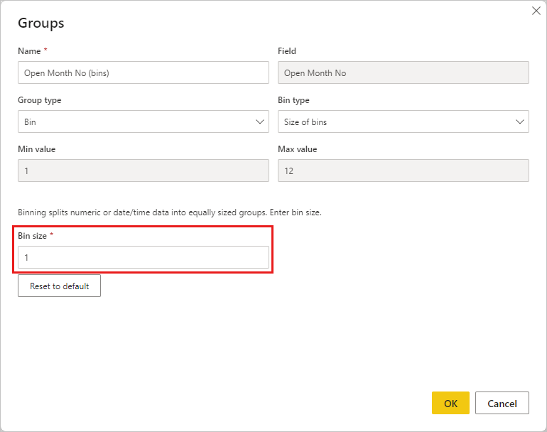 Screenshot of the Groups dialog box, highlighting the Bin size box.