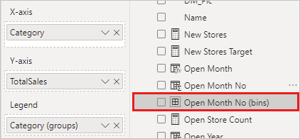 Screenshot of the Fields pane, highlighting the Open Month No bins option.