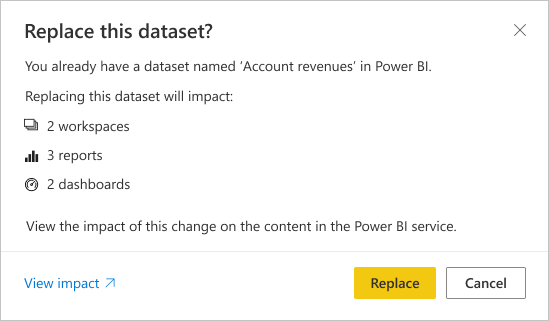 Screenshot of a Replace this semantic model warning dialog.