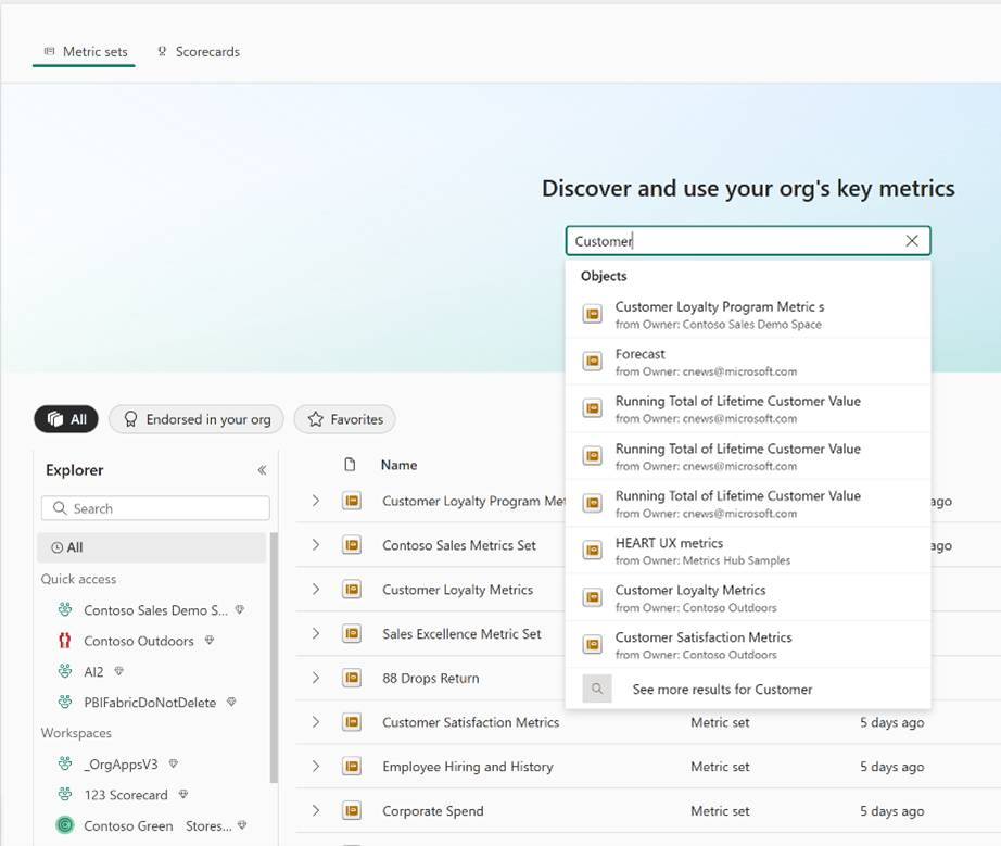 Screenshot showing how to search for a metric set on the metrics hub page.