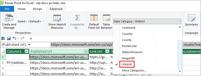 Data category dropdown in Excel