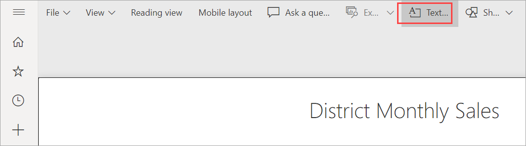 Screenshot of Power BI service, highlighting the Text box.